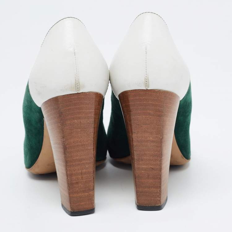 Pre Owned Tod's Green/White Leather and Suede Loafer Pumps Size 40