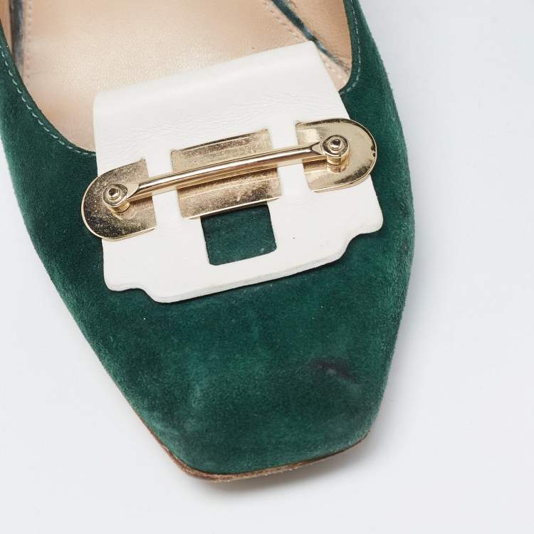 Pre Owned Tod's Green/White Leather and Suede Loafer Pumps Size 40