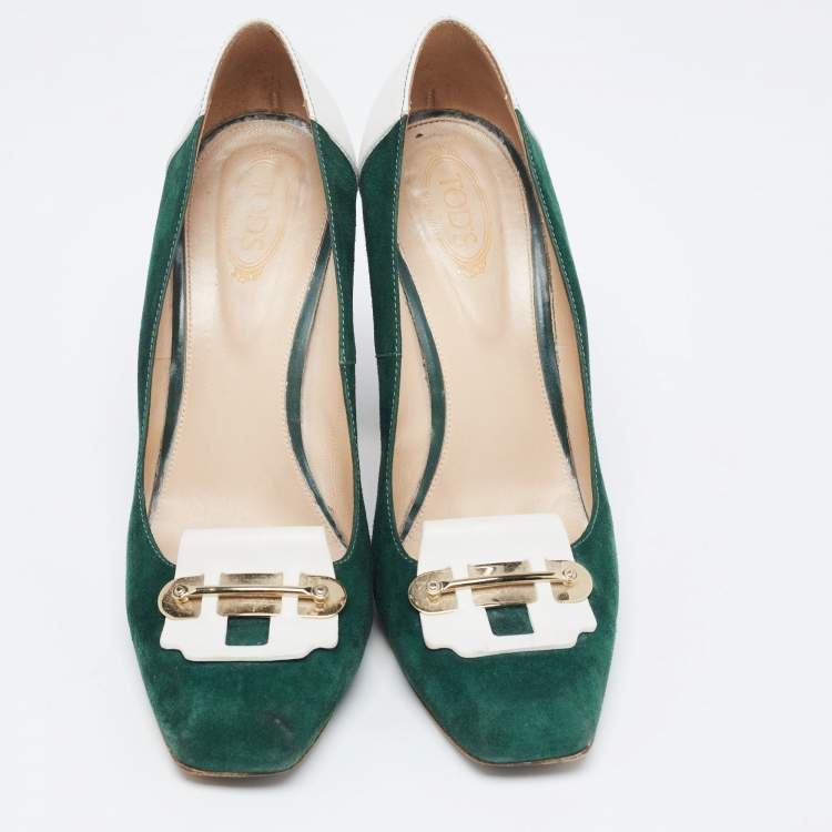 Pre Owned Tod's Green/White Leather and Suede Loafer Pumps Size 40
