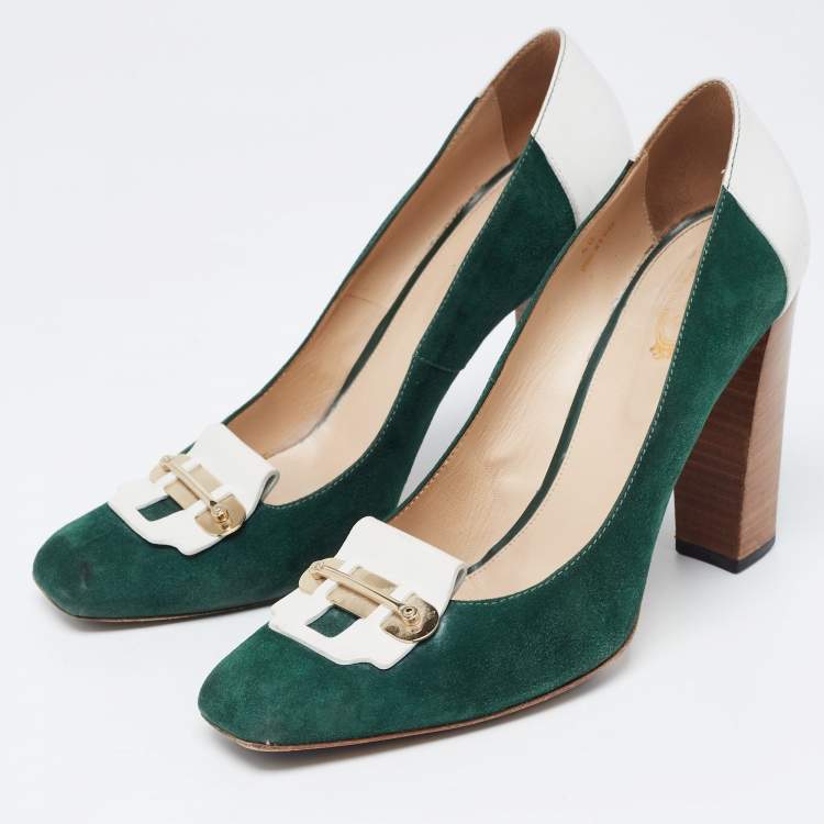 Pre Owned Tod's Green/White Leather and Suede Loafer Pumps Size 40