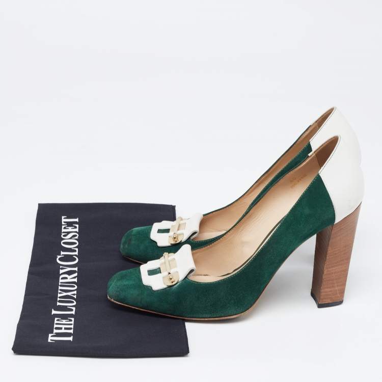 Pre Owned Tod's Green/White Leather and Suede Loafer Pumps Size 40