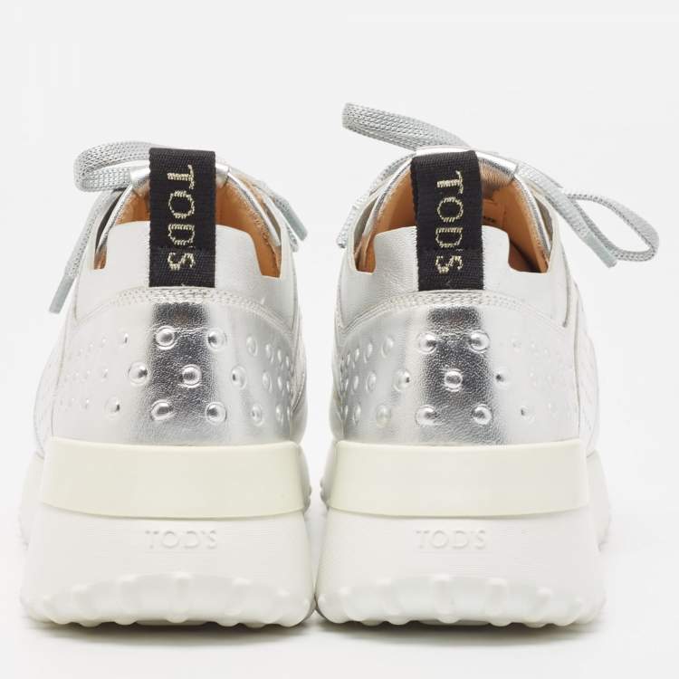 Pre Owned Tod's Silver Leather Drilled Low Top Sneakers Size 39.5