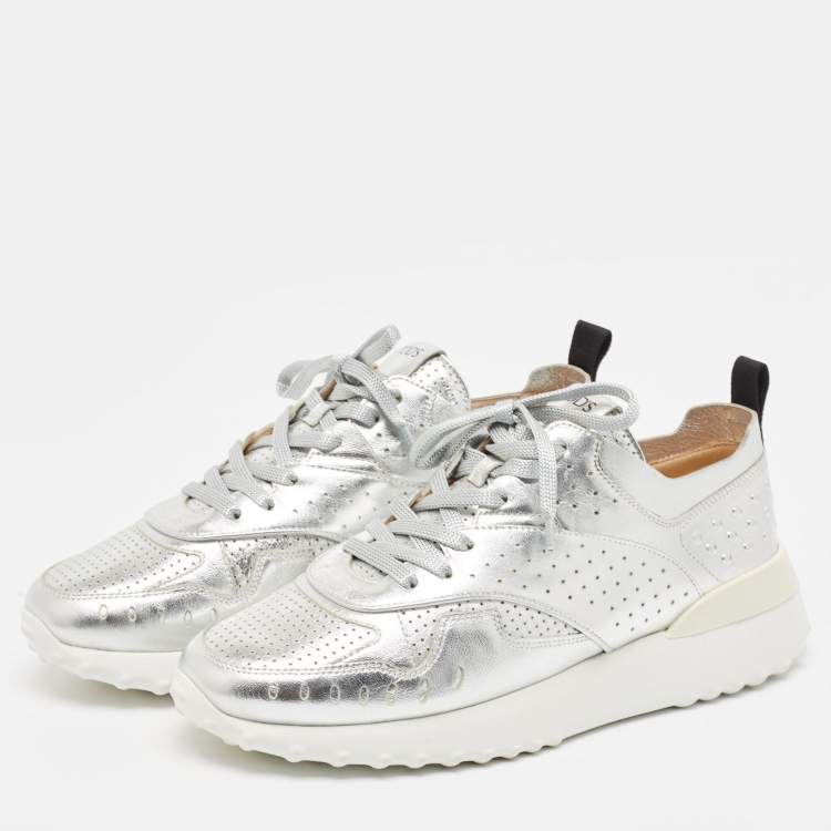 Pre Owned Tod's Silver Leather Drilled Low Top Sneakers Size 39.5