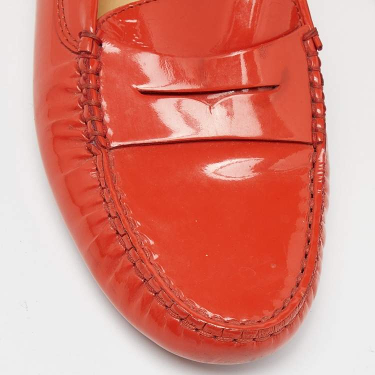 Pre Owned Tod's Orange Patent Leather Penny Slip On Loafers Size 37