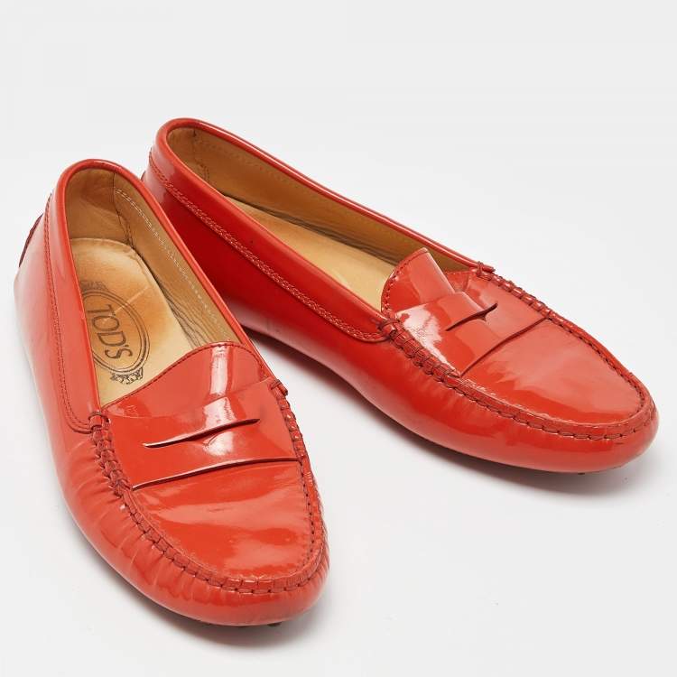 Pre Owned Tod's Orange Patent Leather Penny Slip On Loafers Size 37
