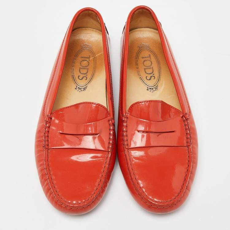 Pre Owned Tod's Orange Patent Leather Penny Slip On Loafers Size 37