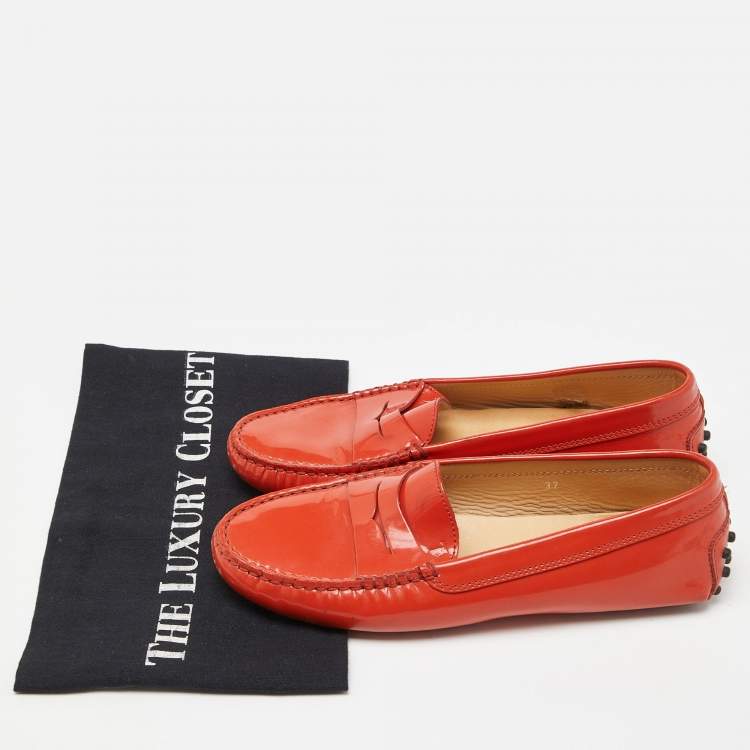 Pre Owned Tod's Orange Patent Leather Penny Slip On Loafers Size 37