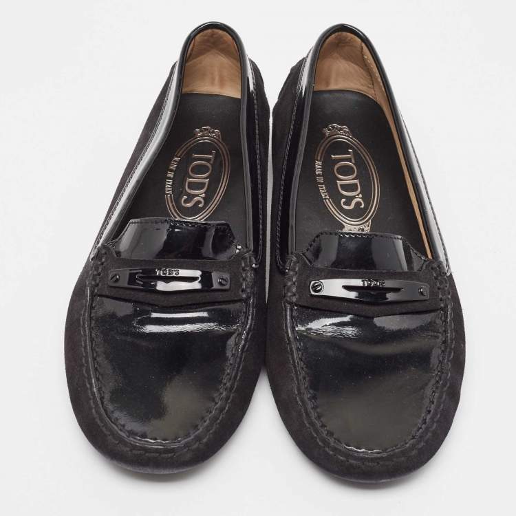 Pre Owned Tod's Black Suede and Patent Leather Loafers Size 36.5