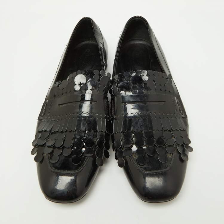 Pre Owned Tod's Black Patent Leather Laser Cut Fringe Loafers Size 38.5