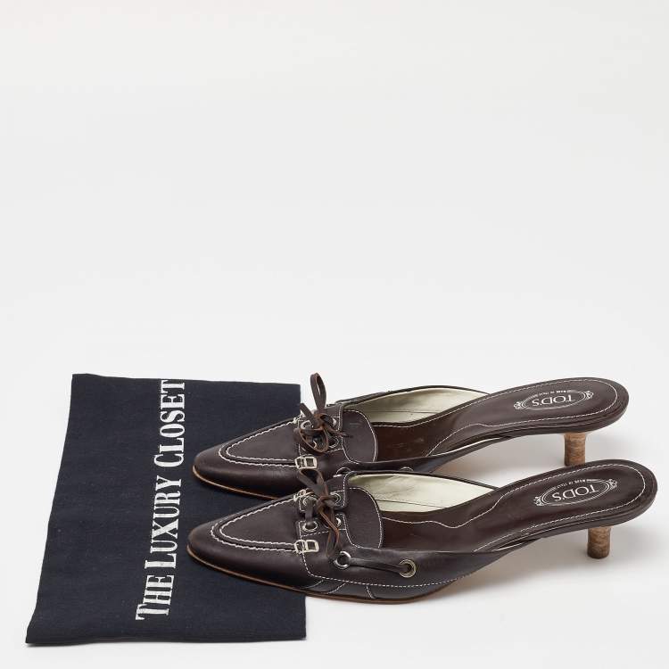 Pre Owned Tod's Brown Leather Bow Mules Size 39