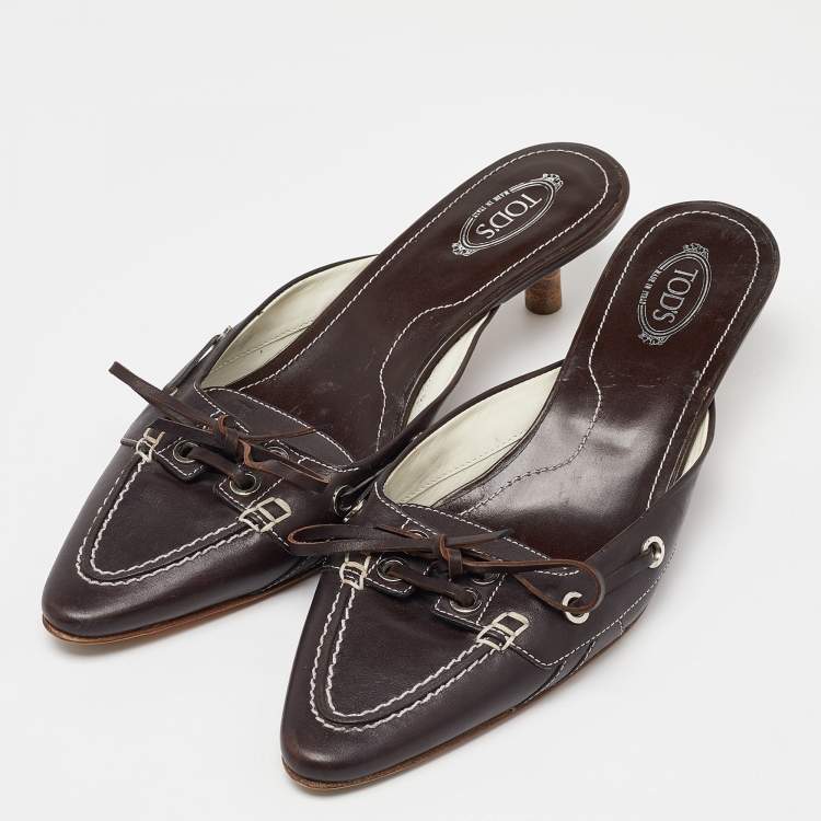Pre Owned Tod's Brown Leather Bow Mules Size 39