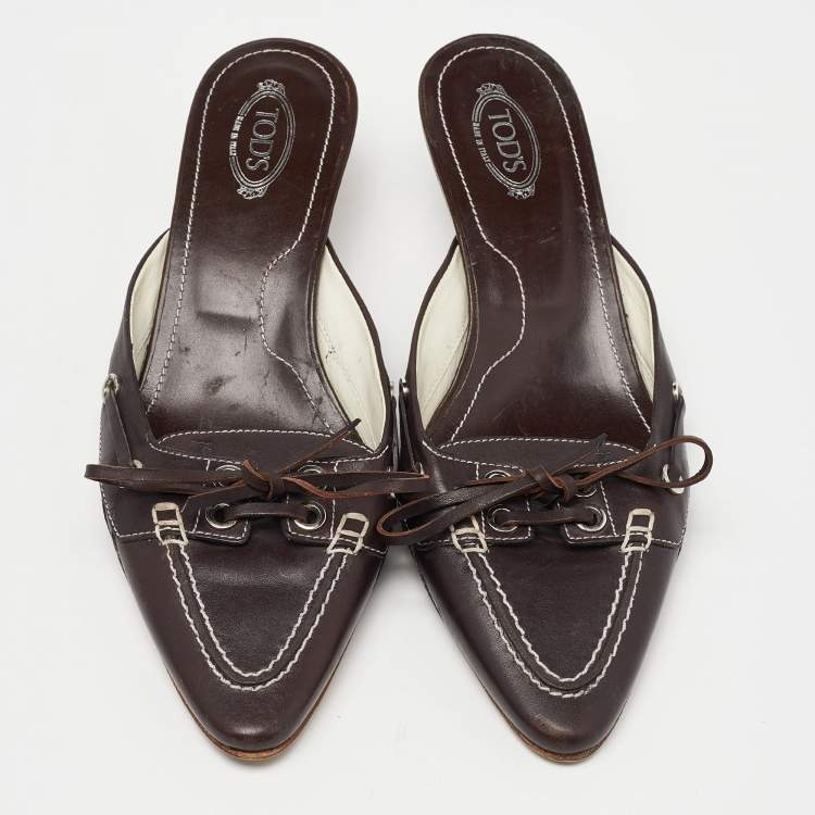 Pre Owned Tod's Brown Leather Bow Mules Size 39
