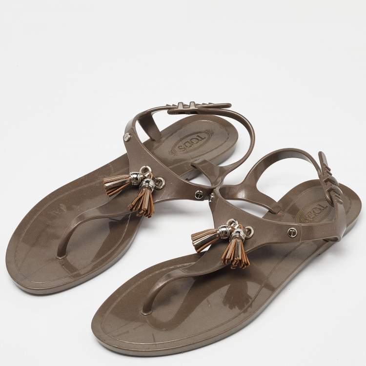 Pre Owned Tod's Light Brown Rubber Tassel Bow Thong Flat Sandals Size 38