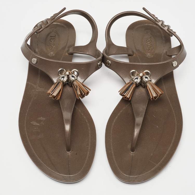 Pre Owned Tod's Light Brown Rubber Tassel Bow Thong Flat Sandals Size 38