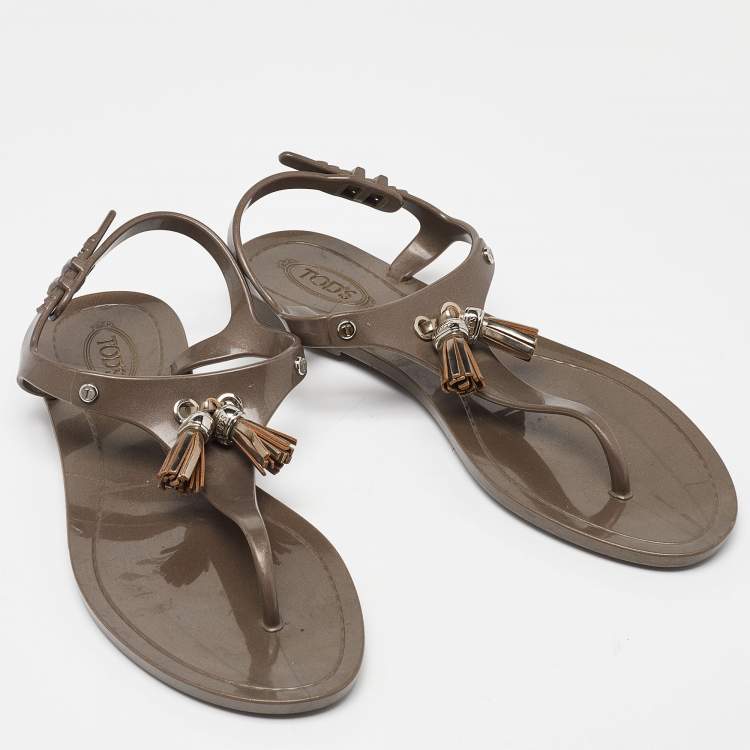 Pre Owned Tod's Light Brown Rubber Tassel Bow Thong Flat Sandals Size 38