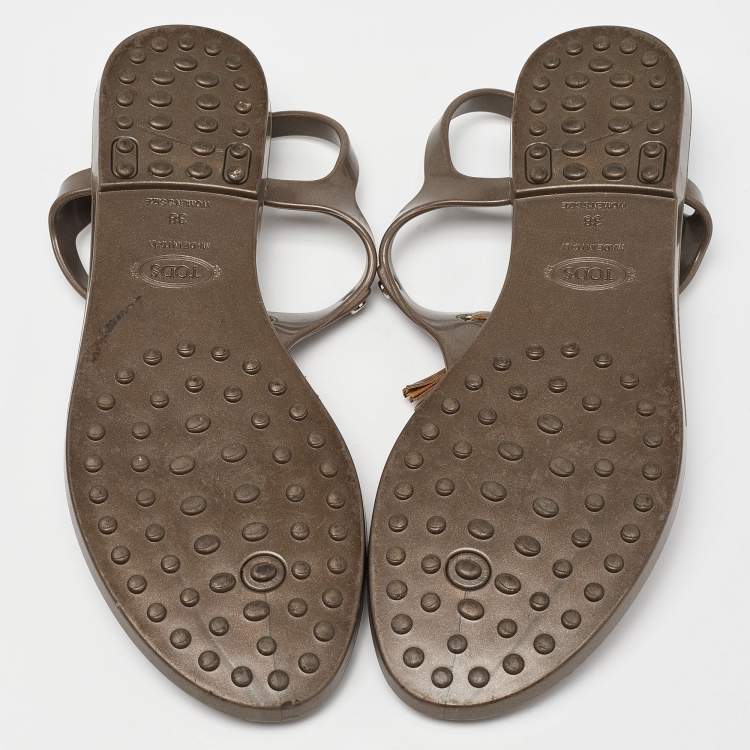 Pre Owned Tod's Light Brown Rubber Tassel Bow Thong Flat Sandals Size 38