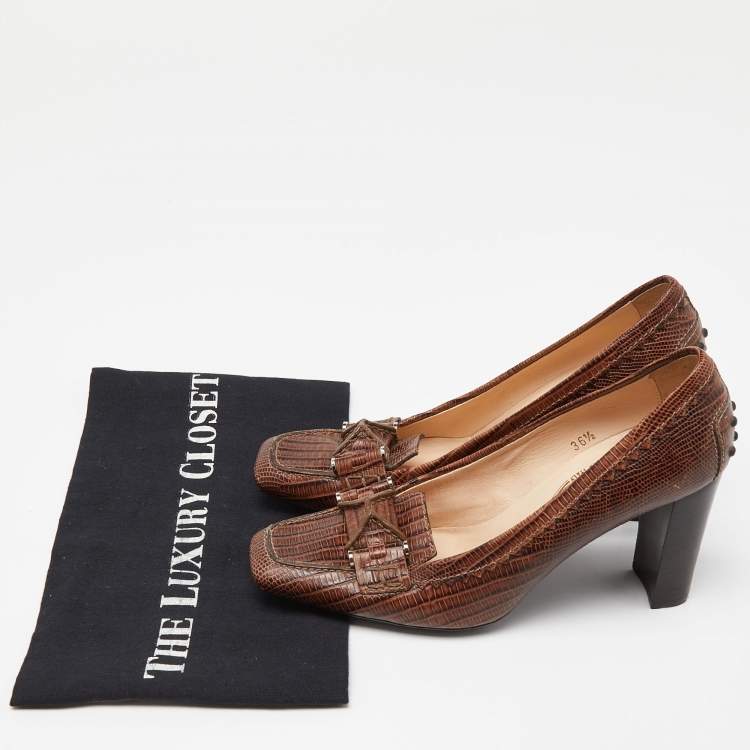 Pre Owned Tod's Brown Croc Embossed Leather Square Toe Loafer Pumps Size 36.5