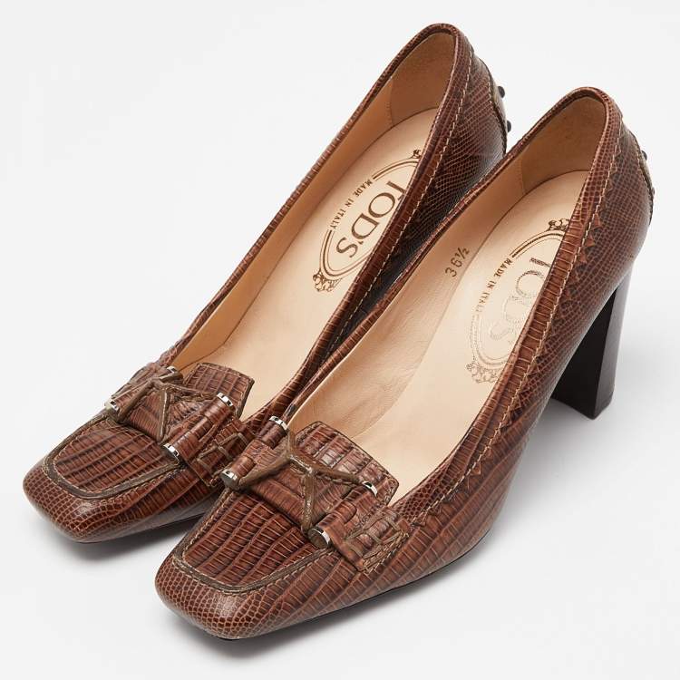 Pre Owned Tod's Brown Croc Embossed Leather Square Toe Loafer Pumps Size 36.5