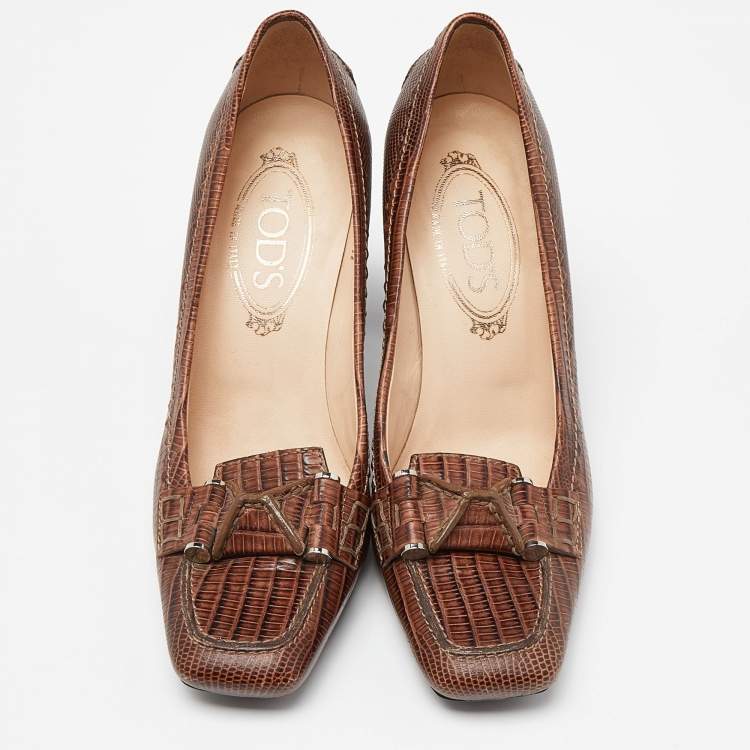 Pre Owned Tod's Brown Croc Embossed Leather Square Toe Loafer Pumps Size 36.5