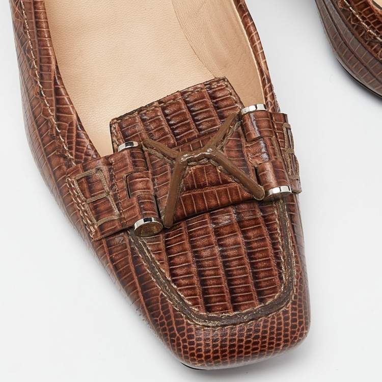 Pre Owned Tod's Brown Croc Embossed Leather Square Toe Loafer Pumps Size 36.5