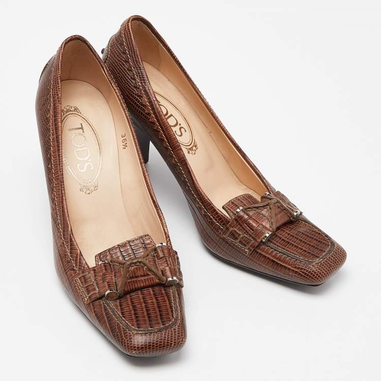 Pre Owned Tod's Brown Croc Embossed Leather Square Toe Loafer Pumps Size 36.5