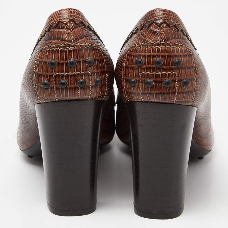 Pre Owned Tod's Brown Croc Embossed Leather Square Toe Loafer Pumps Size 36.5