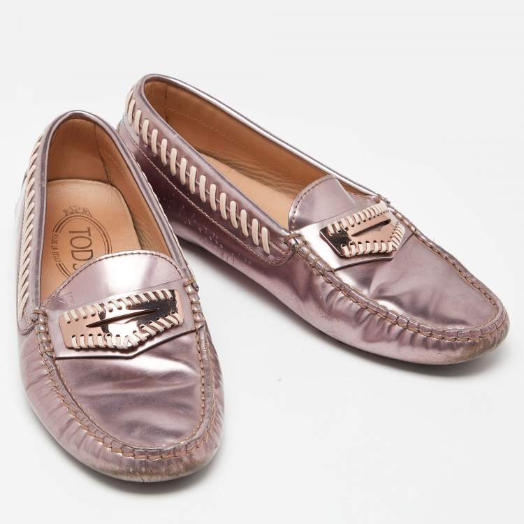 Pre Owned Tod's Pink Patent Leather Gommino Slip On Loafers Size 36