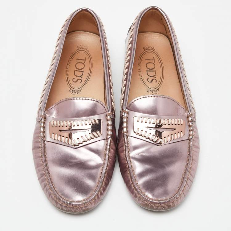 Pre Owned Tod's Pink Patent Leather Gommino Slip On Loafers Size 36