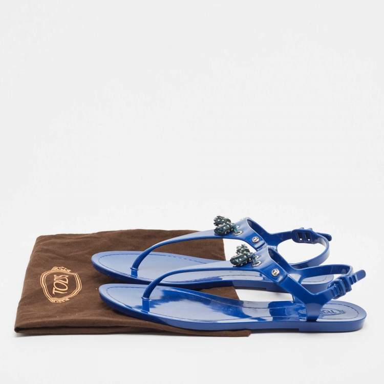 Pre Owned Tod's Blue Rubber Studded Tassel Flat Thong Sandals Size 40