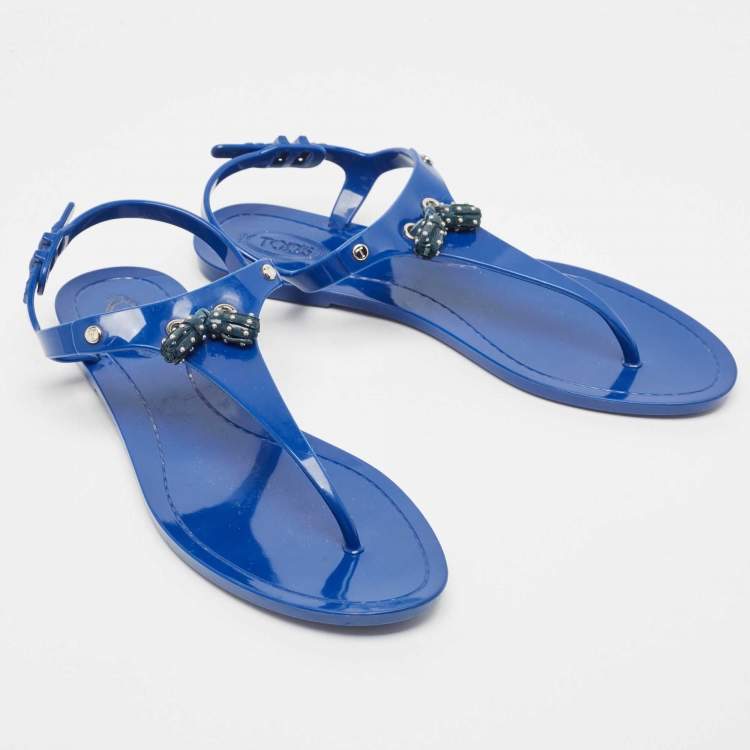 Pre Owned Tod's Blue Rubber Studded Tassel Flat Thong Sandals Size 40