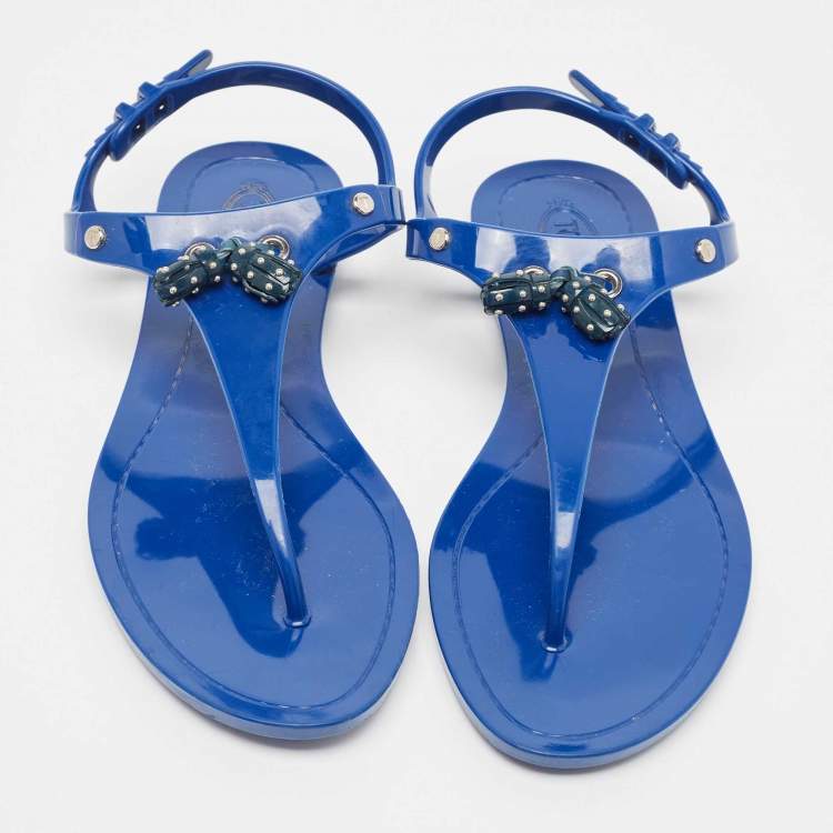 Pre Owned Tod's Blue Rubber Studded Tassel Flat Thong Sandals Size 40