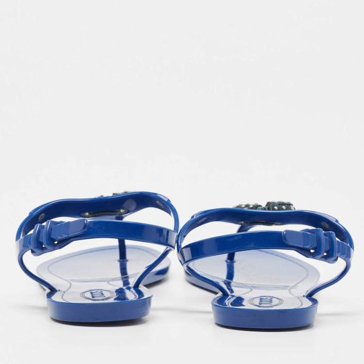 Pre Owned Tod's Blue Rubber Studded Tassel Flat Thong Sandals Size 40