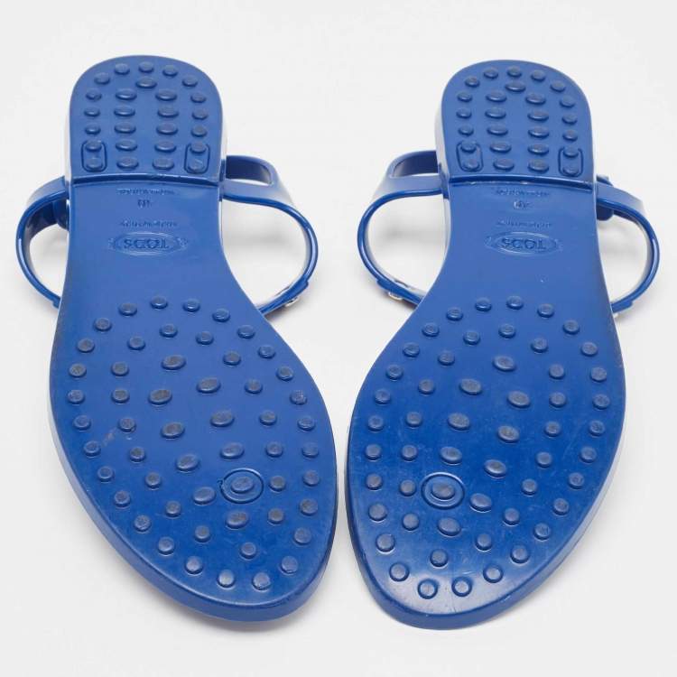 Pre Owned Tod's Blue Rubber Studded Tassel Flat Thong Sandals Size 40
