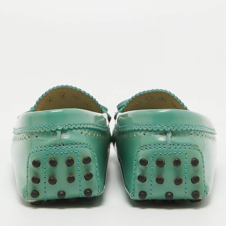 Pre Owned Tod's Green Patent Leather Bow Loafers Size 38