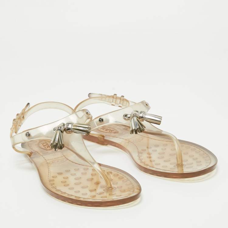 Pre Owned Tod's Transparent Rubber Tassel Bow Flat Thong Sandals Size 40