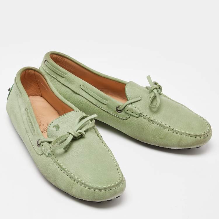 Pre Owned Tod's Green Leather Bow Loafers Size 40