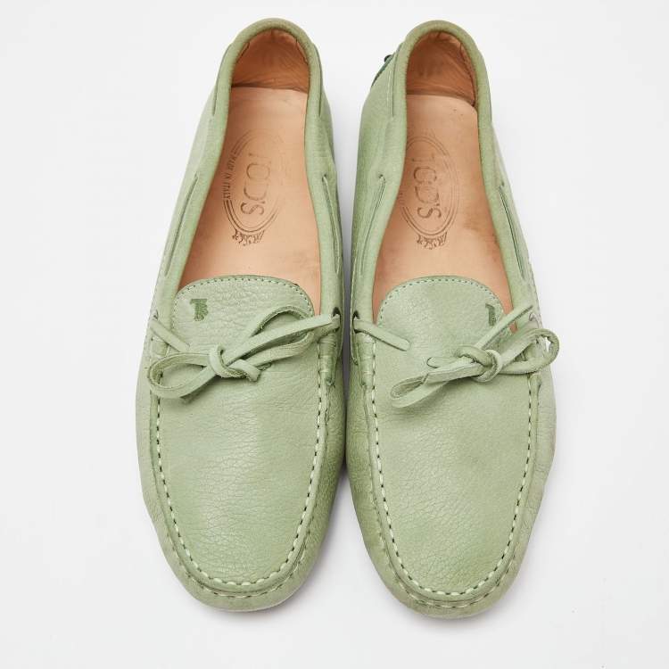 Pre Owned Tod's Green Leather Bow Loafers Size 40