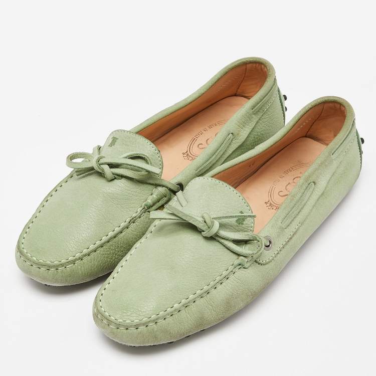 Pre Owned Tod's Green Leather Bow Loafers Size 40
