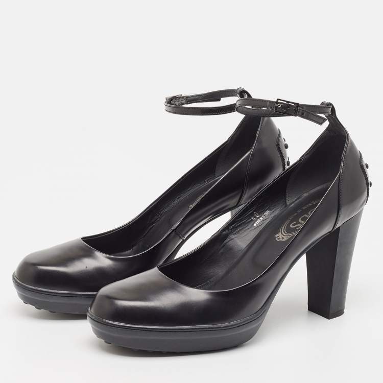 Pre Owned Tod's Black Leather Platform Ankle Strap Pumps Size 40