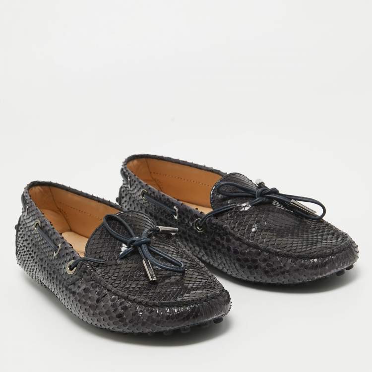 Pre Owned Tod's Black Python Leather Bow Slip On Loafers Size 37