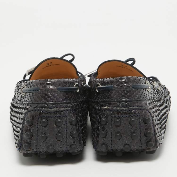 Pre Owned Tod's Black Python Leather Bow Slip On Loafers Size 37