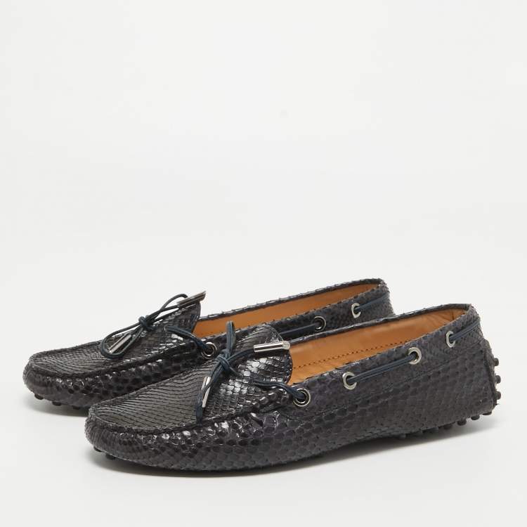 Pre Owned Tod's Black Python Leather Bow Slip On Loafers Size 37