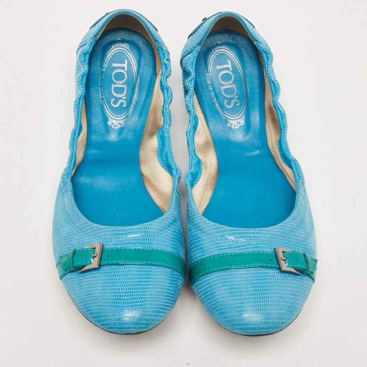 Pre Owned Tod's Blue Textured Suede Scrunch Ballet Flats Size 42