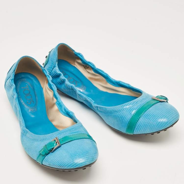 Pre Owned Tod's Blue Textured Suede Scrunch Ballet Flats Size 42