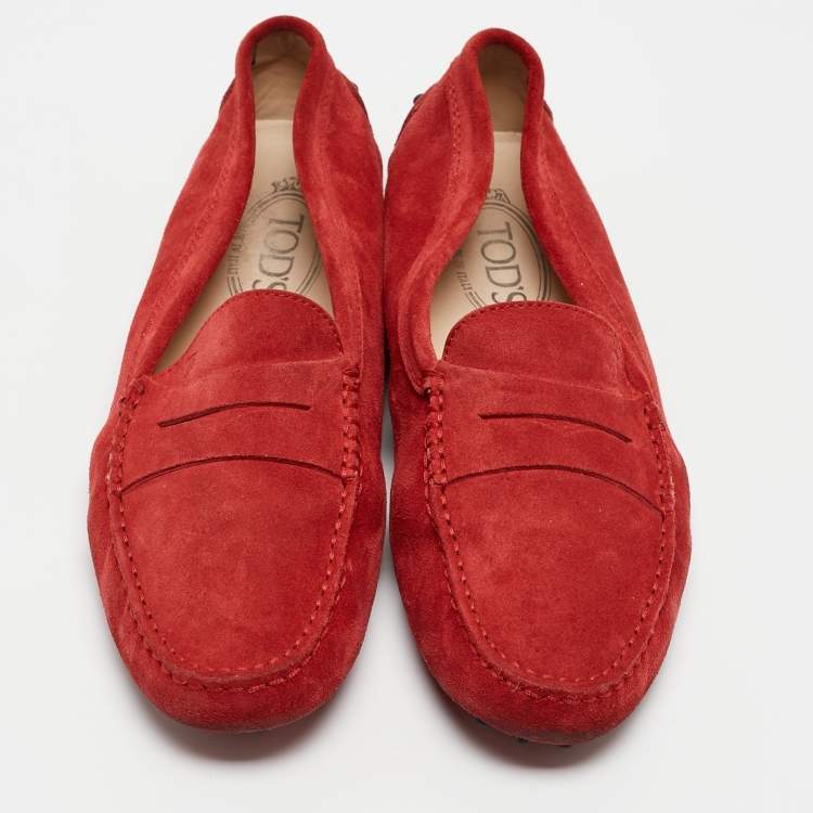 Pre Owned Tod's Red Suede Penny Loafers Size 39.5
