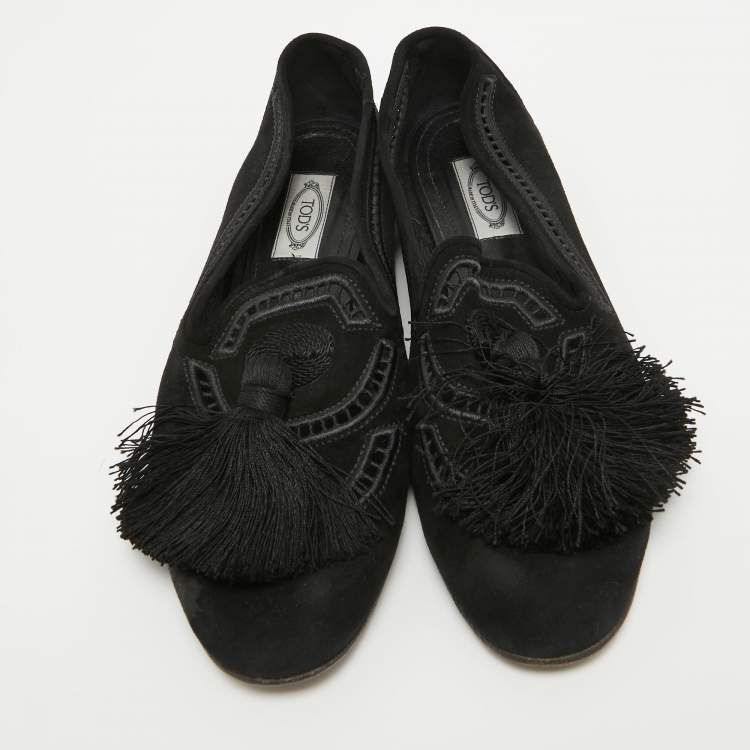 Pre Owned Tod's Black Suede Bow Ballet Flats Size 39