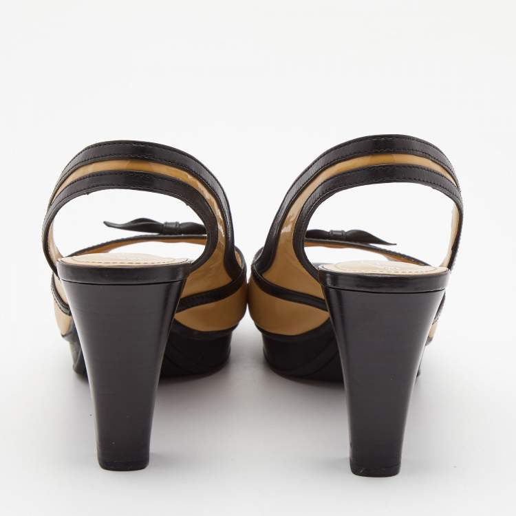 Pre Owned Tod's Beige/Black Patent Leather Bow Platform Slingback Open Toe Sandals Size 40.5