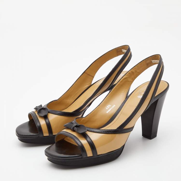 Pre Owned Tod's Beige/Black Patent Leather Bow Platform Slingback Open Toe Sandals Size 40.5