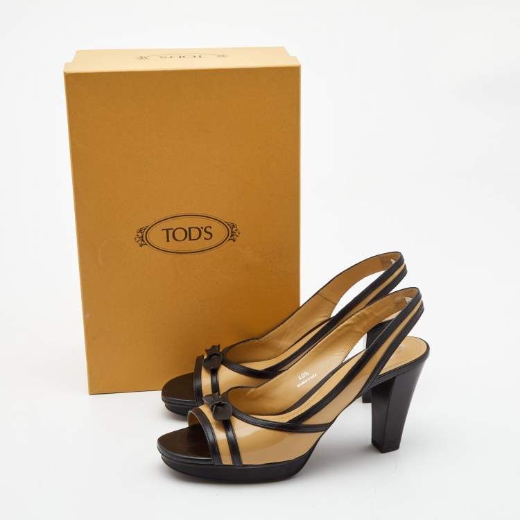 Pre Owned Tod's Beige/Black Patent Leather Bow Platform Slingback Open Toe Sandals Size 40.5