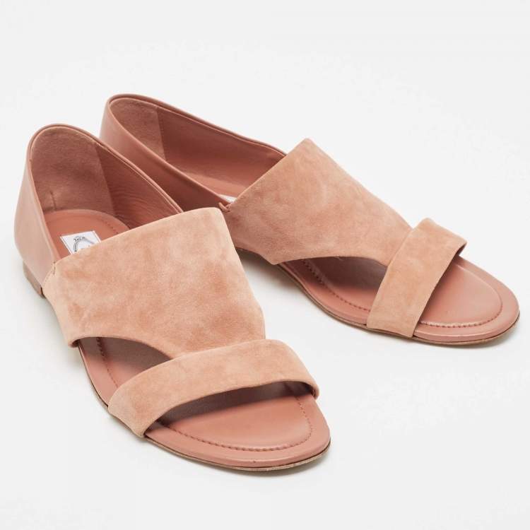 Pre Owned Tod's Pink Suede Open Toe Flat Sandals Size 38.5